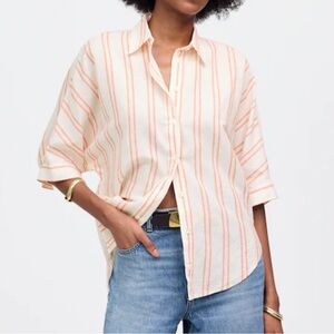 MADEWELL Women's Medium Oversized Pleated Sleeve Button Up Shirt Linen Blend